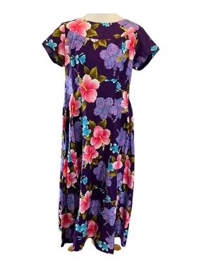 Vintage 60s Ui-Maikai Hawaii Maxi Hibiscus Plumeria Print Scoop Back Dress Sz L